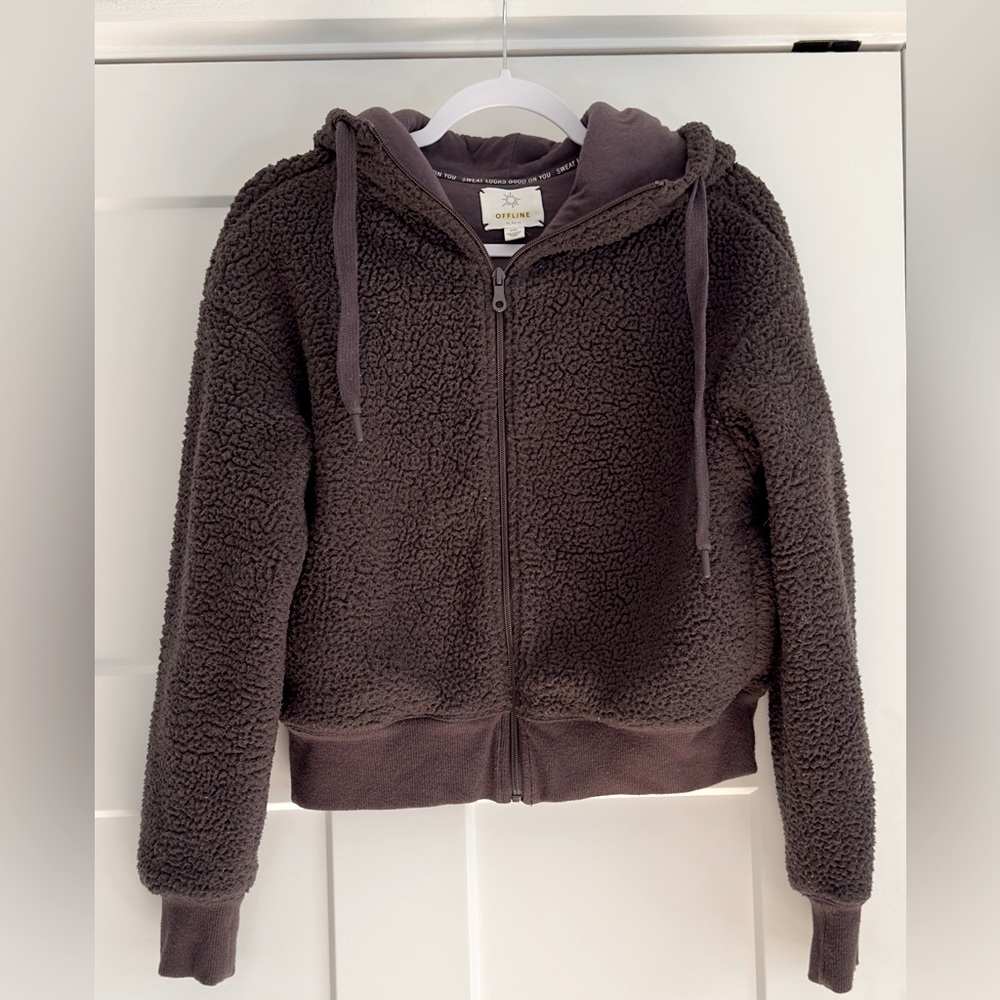 Aerie OFFLINE Sherpa Zip Hoodie Brown Cropped Size M
